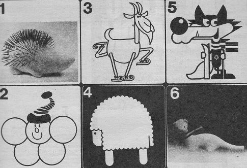Predlog maskota za ZOI u Sarajevu: 1) bodljikavo prase, 2) grudva snega, 3) divokoza, 4) jagnje, 5) vuk Vučko i 6) veverica