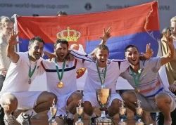 Teniseri Srbije, osvajači Svetskog ekipnog kupa 2012. godine (sleva): Nenad Zimonjić, Janko Tipsarević, Miki Janković i Viktor Troicki